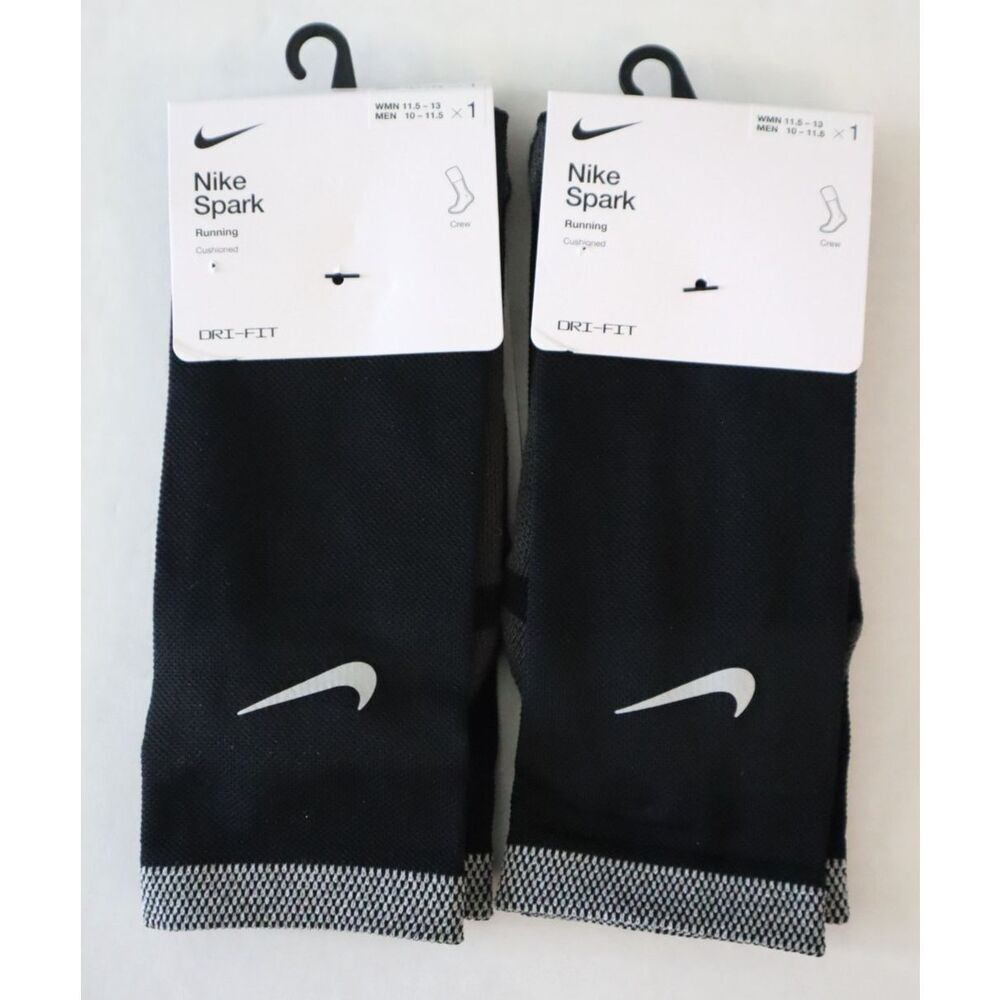 2 PRS-Nike Spark CU7200 WMN 11.5-13 MEN 10-11.5 Black Cushion Crew Running Socks